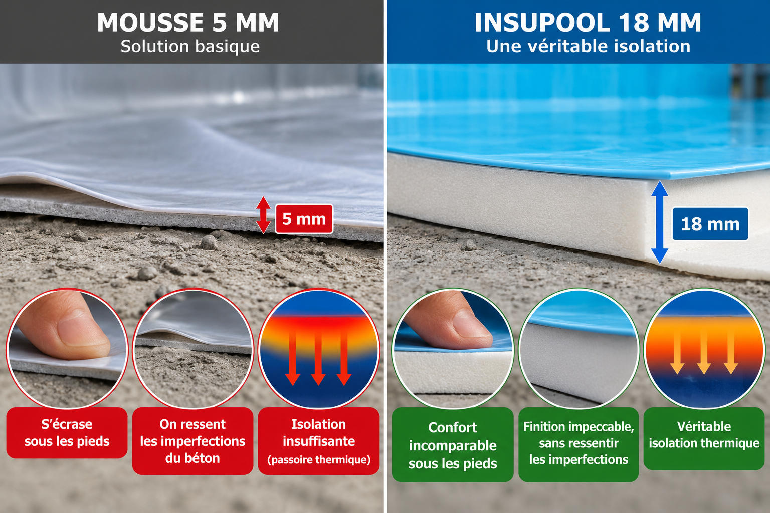 Comparatif isolation piscine 5 mm et Insupool 18 mm